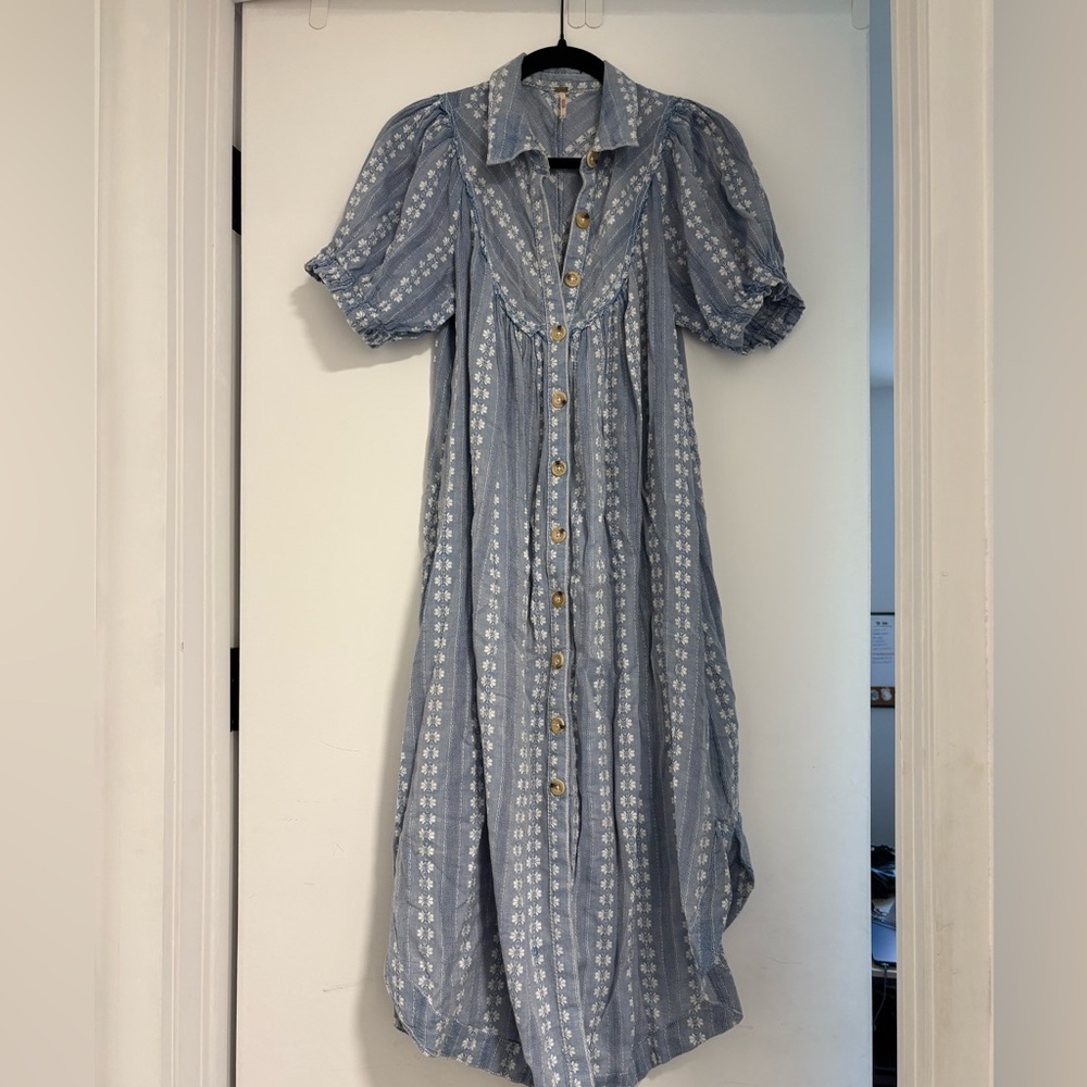 Free People: Blue Button-Up Midi Dress